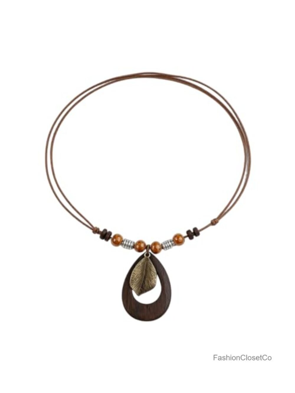 Wooden Teardrop Leaf Pendant Necklace Adjustable Leather Cord Boho
